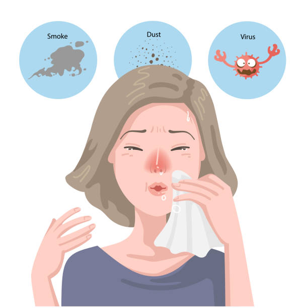 Woman got sick flu. Blowing her nose. Sneezes into napkin. Portrait girl has allergic rhinitis, Has headache,Sickness,Allergic rhinitis. Hay fever. Effects on health, Viruses,Dust,Smoke.Health concept